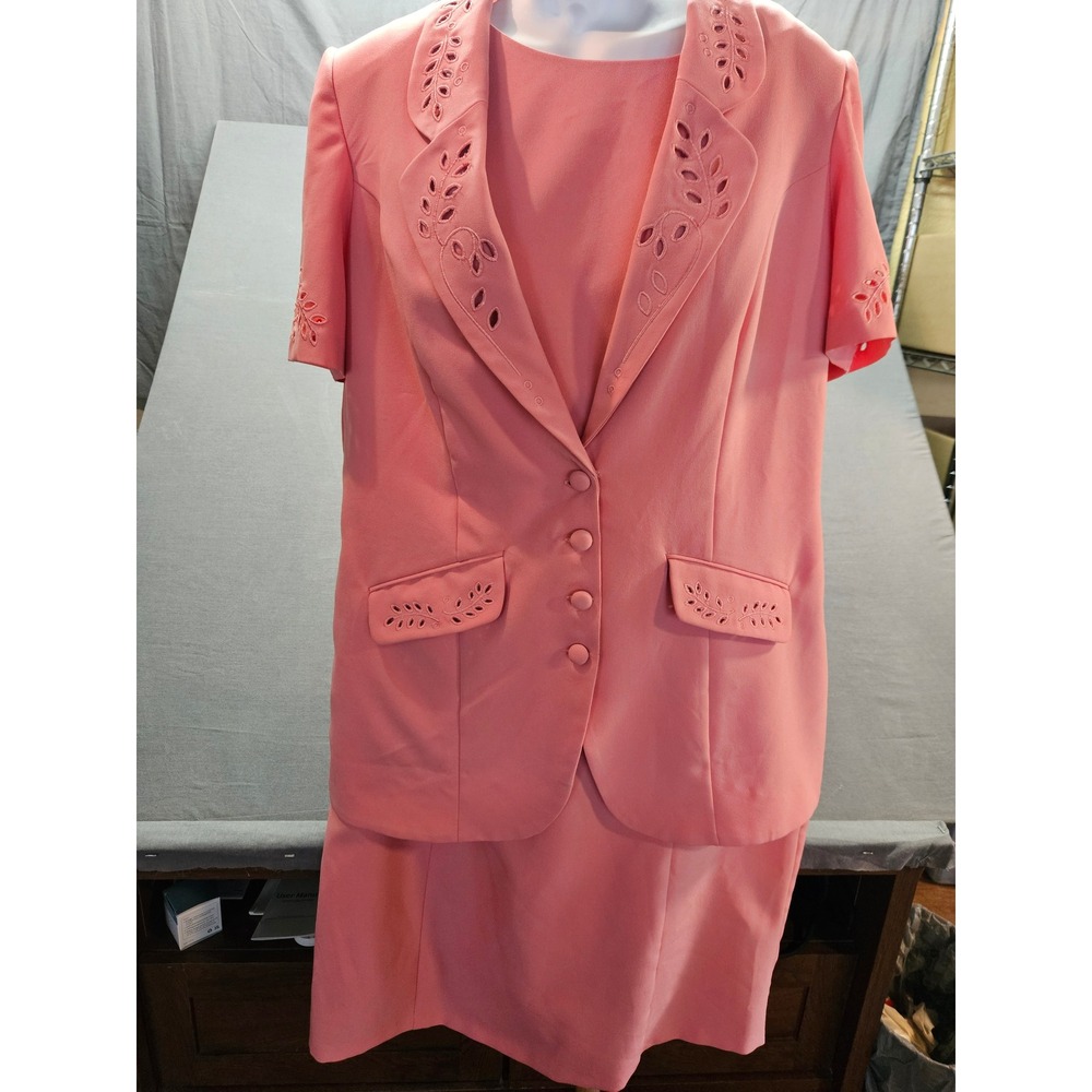 Roamans Coral Pink 2 Piece Dress Suit Set Eyelet Embroidered Blazer Size A6
